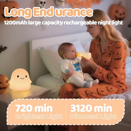 Rytinazzz Halloween Ghost Night Light, Color-Changing & 50-Hour Battery, Spooky-Cute Squishy Lamp for Kids, USB Rechargeable with Timer, Halloween Decor & Gifts - color: Colorful Ghost