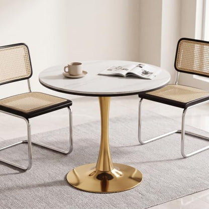 31.5" Round Dining Table, Sintered Stone Tulip Table with Gold Metal Pedestal Base, Modern Leisure Dining Table for Small Space, Kitchen, Dining Room (White and Gold) - color: White and Gold