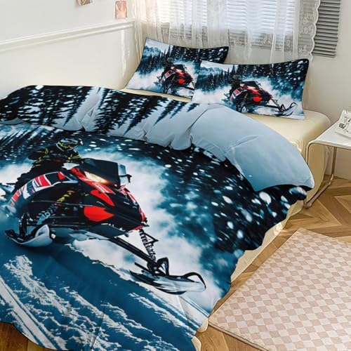 3 Piece Cool Snowmobile Bedding Set - Ultra Soft Fabric & Double-Sided Print, Breathable Comforter Set with 1 Quilt Cover & 2 Pillowcases for Home Hotel, 86"x70" - size: 86"x70"