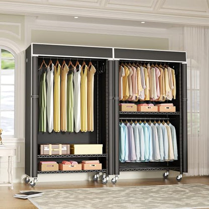 Clothing Rack with Cover, P1C Rolling Closets with Wheels | Metal Garment Rack for Hanging Clothes, Clothing Storage Wardrobe with Cover - color: Black Rack With Black Cover