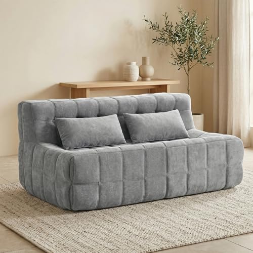 Loveseat Sofa,63" Boneless 2 Seater Couches,Sectional Foam Couch with Pillow,Comfy Floor Lounge Sleeper Sofa for Modern Living Room,Bedroom,Apartment,Office,Small Space,Grey - size: LOVESEAT