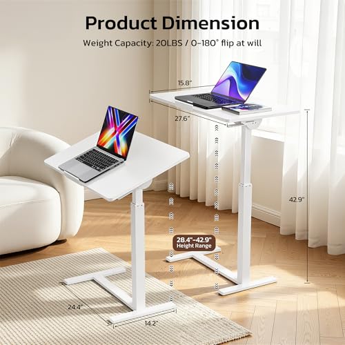 Mobile Standing Desk Adjustable Overbed Table, Pneumatic Height Adjustable Rolling Laptop Desk with Hidden Wheels, 0-180°Tilt Top Rolling Computer Cart Foldable for Home Office, Craft & Study, White - color: White, style: Fully Tiltable