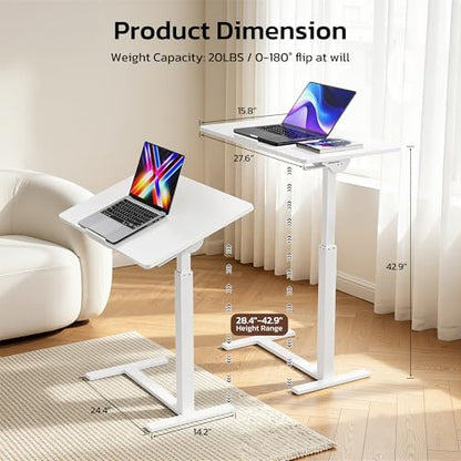 Mobile Standing Desk Adjustable Overbed Table, Pneumatic Height Adjustable Rolling Laptop Desk with Hidden Wheels, 0-180°Tilt Top Rolling Computer Cart Foldable for Home Office, Craft & Study, White - color: White, style: Fully Tiltable