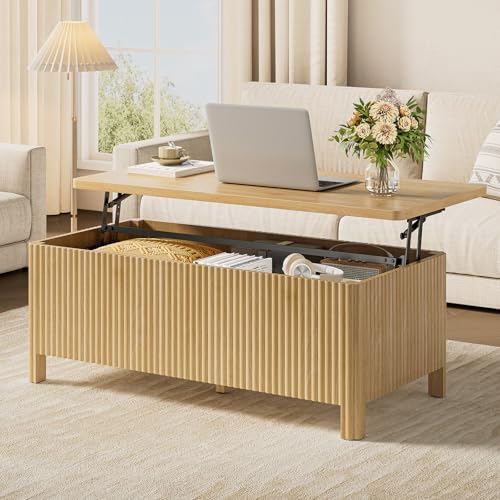Fluted Lift Top Coffee Table with Storage, Mid Century Modern Coffee Table with Hidden Compartment, Rising Top Wood Center Table for Living Room, Home Office, Rounded Edges (Natural Oak) - color: Natural Oak