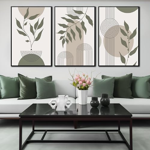 Boho Canvas Wall Art for Bedroom Large Minimalist Wall Decor with Frame | 3 Piece Wall Art for Living Room,Framed Artwork for Walls,Modern Home Office Hotel Hallway Decoration 24 x 36 Inch 3 Panels - color: Green and White, size: 36"x24"x3PCS Framed