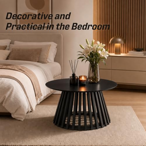 HNY Black Round Coffee Table, Wood 31.5" Center Table for Living Room | Modern Mid Century Circle Coffee Table with Fluted Base for Outdoor Patio, Home Small Space, Bedroom, Apartment, Studio - color: Black