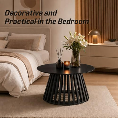 HNY Black Round Coffee Table, Wood 31.5" Center Table for Living Room | Modern Mid Century Circle Coffee Table with Fluted Base for Outdoor Patio, Home Small Space, Bedroom, Apartment, Studio - color: Black