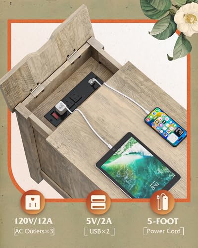 WLIVE End Table with Charging Station, Narrow Side Table for Living Room, Farmhouse Night Stand with Storage, Small Wooden Cabinet Nightstand with USB Ports and Outlets, 23.62" D x 13.78" W x 23.62" H - color: Greige Beige