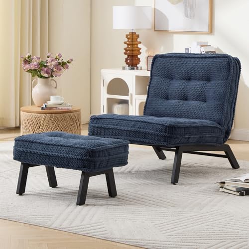 ANJ Accent Chair with Ottoman Adjustable Backrest, Blue Living Room Chair Tufted Upholstered Lounge Chair with Footrest Set, Modern Chair Cozy Reclining Chair for Reading Room Bedroom - color: Blue, size: 1