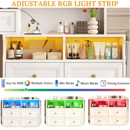 Vabches 58.6" Large Vanity Desk with Sliding Mirror & Lights, White | Makeup Vanity Table & Nightstand Combo with Power Outlet and 6 Drawers 15 Shelves with Light Strips for Bedroom