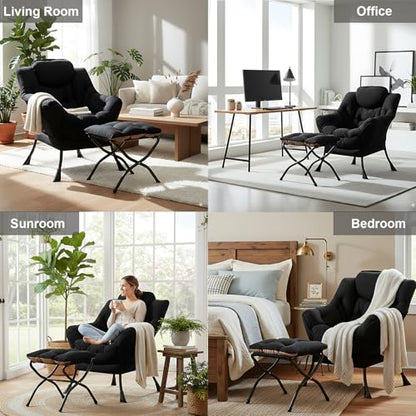 Lazy Chair with Ottoman, Comfy Accent Reading Chair, Black | Foldable Footrest,Removable Cover,with Armrests and Side Pockets,Upholstered Lounge Chair for Bedroom,Dorm,Office,Small Space - color: Black