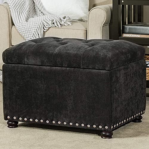 Ottoman with Storage,24" Fabric Ottoman Foot Rest with Hinged Lid Small Rectangle Upholstered Tufted Foot Stools Ottomans for Bedroom Living Room Entryway,Black - color: Black