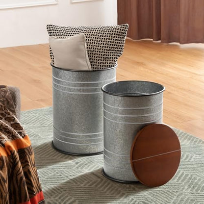 Glitzhome Rustic End Table Set of 2, Farmhouse Galvanized Metal Barrel Ottoman Storage Stool with Round Wood Lid for Living Room Furniture, Grey - color: Grey