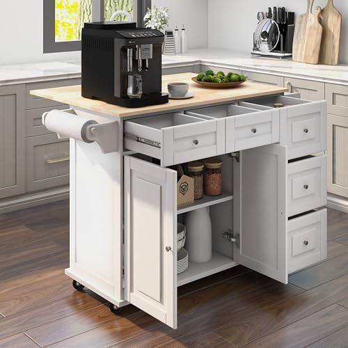 Mobil Kitchen Island Cart with Drop Leaf, Kitchen Cart Rolling Mobile Island with Wooden Countertop, Island Table for KitchenSpice Rack,Adjustable Shelves and Drawers, White