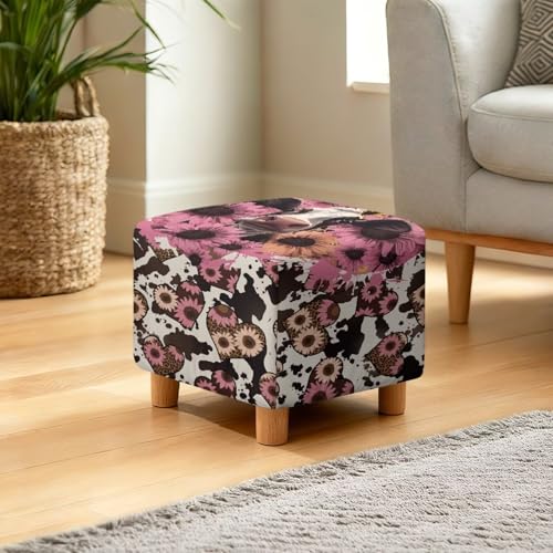 Pink Cow Daisy Print Stretch Ottoman Cover Square Fit 13x13x15 inch Easy to Install Footrest Sofa Slipcovers Stool Cover Footstool Protector Covers - color: Pink Cow Daisy