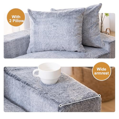 61" Boneless Loveseat Sleeper, Folding Sofa Bed with Faux Fur Cover, L-Grey | Memory Foam Pull Out Futon Bed with Removable Washable Cover, Space-Saving Fold Out Couch for Living Room & Guest Room - color: Light Grey