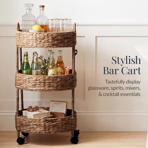 Best Choice Products 3-Tier Round Rolling Nursery Caddy w/Wheels, Handwoven Utility Cart, Storage Organization for Bathroom, Craft Room, Laundry Room - Chestnut - color: Chestnut