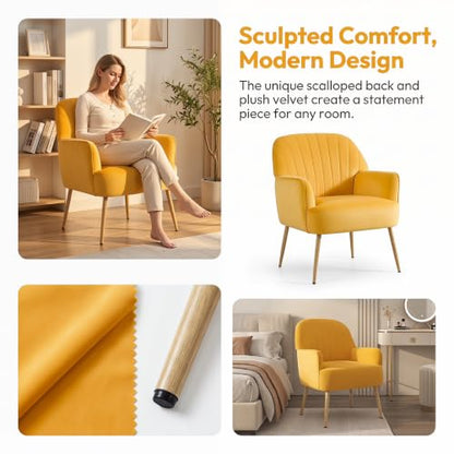 Velvet Accent Chair with Armrest, Modern Curved Back Barrel Chair, Soft Cushion Single Sofa for Living Room Bedroom Office Cafe Yellow - color: Yellow