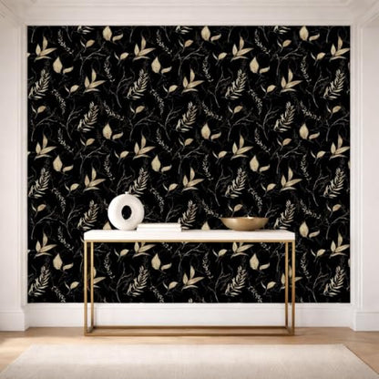 Dark Black and Gold Leaf Peel and Stick Wallpaper 17.7" x 59" | Self-adhesive removable waterproof leaf design for bedroom accent walls and renter friendly spaces - color: Black&Gold, size: 17.7" x 59"