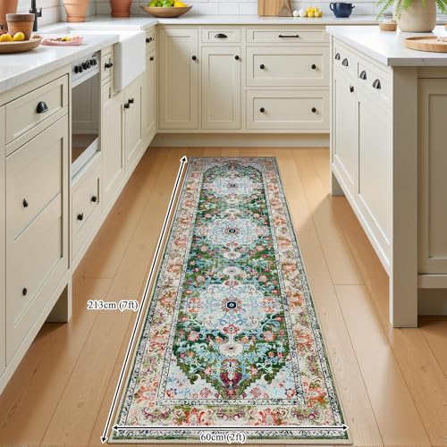 U'Artlines 2'x7' Boho Hallway Runner Rug Non Slip Washable Runners,Green | Vintage Farmhouse Kitchen Rug Accent Area Carpet for Entryway Laundry and Living Room - color: Green, size: 2' x 7' (Runner)