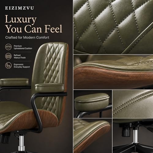 Home Office Desk Chair with Wheels, Armless Adjustable Height PU Leather Office Chair, Mid Back Ergonomic Computer Chair, Walnut Curved Seat Design No-Arm Chair (GX-9006-Armrests-Green) - color: Gx-9006-armrests-green
