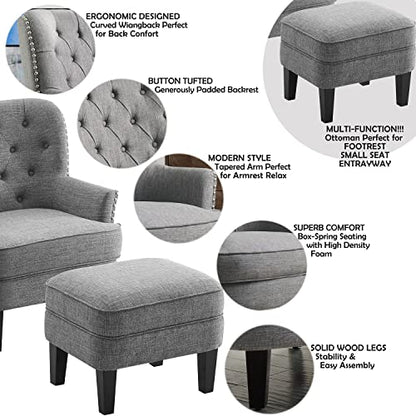 Rosevera Accent Chair with Ottoman Set - Mid-Century Modern Upholstered Armchair for Living Room or Bedroom - Comfy Reading Chair with Footrest, Small Accent Chair -Grey - color: Linen Grey With Ottoman
