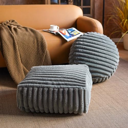 Round Unstuffed Pouf Ottoman Cover Storage Foot Rest, Gray | Cover Only, 20x20x8 In, Soft Short Plush, Ribbed Texture, Modern Style, Living Room, Bedroom, Reading Nook - color: Gray B