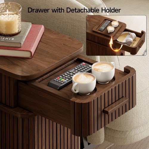Fluted End Table with Charging Station, Narrow Side Table with Drawers, Wood Skinny Nightstand with Storage, Mid-Century Modern Bedside Tables for Small Space Living Room Bedroom Sofa Couch - color: Walnut