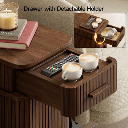 Fluted End Table with Charging Station, Narrow Side Table with Drawers, Wood Skinny Nightstand with Storage, Mid-Century Modern Bedside Tables for Small Space Living Room Bedroom Sofa Couch - color: Walnut