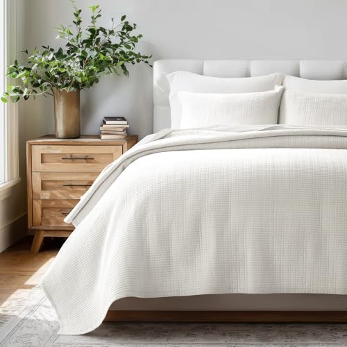 100% Cotton Modern Grid Stitch Quilt Set Queen Size, Bright White | Pre-Washed Cotton Coverlet Bedspread, Oversized Lightweight 3-Piece Bedding Set for All Season, with 2 Pillow Shams - color: Bright White, size: Full/Queen (96" X 94")