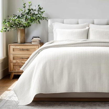 100% Cotton Modern Grid Stitch Quilt Set Queen Size, Bright White | Pre-Washed Cotton Coverlet Bedspread, Oversized Lightweight 3-Piece Bedding Set for All Season, with 2 Pillow Shams - color: Bright White, size: Full/Queen (96" X 94")