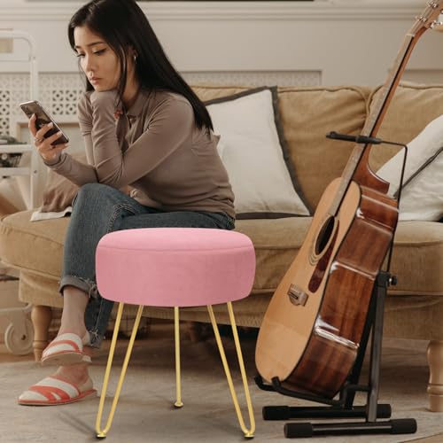 GERANT Multifunctional Vanity Stools - Velvet Round Ottoman Modern Dressing Stool -Upholstered Footrest Stool - Side Table Footstool with Golden Metal Leg for Living Room, Bedroom (Pink) - color: Pink