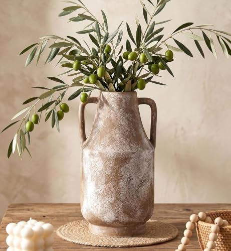 Ceramic Flower Vase with Handles, 11in Tall Rustic Vases for Centerpieces | Waterproof Large Decorative Terracotta Vases for Home Decor, Living Room,Table, Handcrafted (Terracotta) - color: 1-terracotta/10.7“