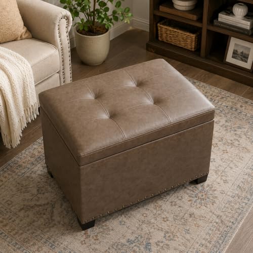 Homebeez 22" Storage Ottoman Coffee Table with Flip Top Tray, Tufted Faux Leather Footrest Stool with Nailhead Trim, Large Foot Rest for Living Room, Taupe Brown - color: Taupe Brown