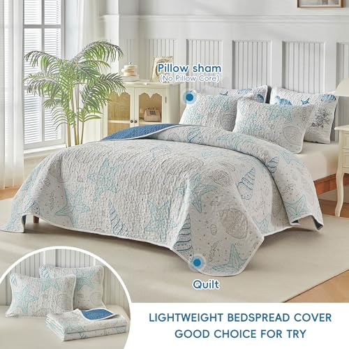 Coastal Quilt Sets Twin Size - Reversible Microfiber Ocean Style with Starfish Scallop Shell Soft Beach Bedding Nautical Bedspread Coverlet Summer Comforter with 1 Sham - color: Starfish, size: Twin-68x86 in
