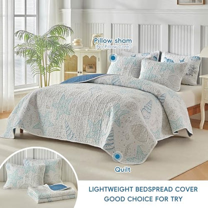 Coastal Quilt Sets Twin Size - Reversible Microfiber Ocean Style with Starfish Scallop Shell Soft Beach Bedding Nautical Bedspread Coverlet Summer Comforter with 1 Sham - color: Starfish, size: Twin-68x86 in
