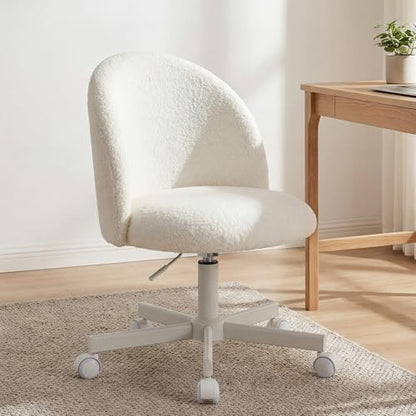 NEO Chair Office Vanity Chair with Wheels Comfy Desk Chair for Girls Cute Computer Small Armless Adjustable Height Swivel for Home Bedroom Task (Creamy White) | Soft Fleece Fabric with Supportive Curved Back, 360° Swivel, Cozy Comfort for Makeup, Computer