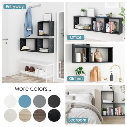 Wall Mount Shelf Set of 3, Floating Cube Shelves for Space Discovery Home and Commercial Use, Large Size Shelves Set, Cloud Atlas/Black Marble - color: Cloud Atlas, size: Set3