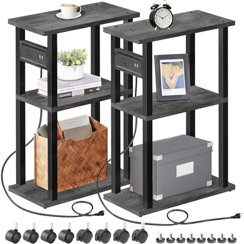 TUTOTAK Small Narrow Side Table, Set of 2 Skinny End Table | for Small Spaces, Slim Nightstand with USB Ports and Outlet,Sofa Beside Table with Wheels, Grey TB01BY047 - color: Charcoal Grey, size: 2 PC, style: With Plug