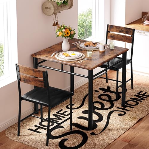 IRONCK Dining Table Set for 2, Rustic Brown | Small Kitchen Table with Upholstered Chairs, Compact Dining Set for Small Spaces, Kitchen & Dining Room - color: Rustic Brown