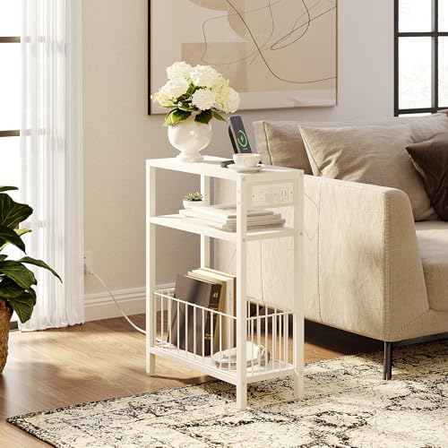 TRIFEBLE Narrow Side Table with Charging Station, Small End Table for Small Spaces, Slim Nightstand with Storage Basket, 3 Tier Skinny Bedside Table for Living Room, Bedroom, White - color: White