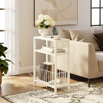 TRIFEBLE Narrow Side Table with Charging Station, Small End Table for Small Spaces, Slim Nightstand with Storage Basket, 3 Tier Skinny Bedside Table for Living Room, Bedroom, White - color: White