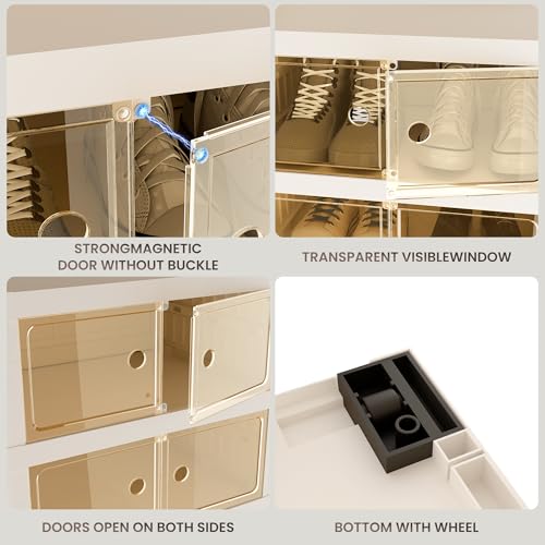 Foldable Shoe Organizer Storage Box, Portable Extra Large Folding Shoe Rack for Closet, Shoe Storage Box with Magnetic Transparent Door and Wheels, 9 Layers 18 Grids with 4 Big Grids - size: White 9 Layers-C