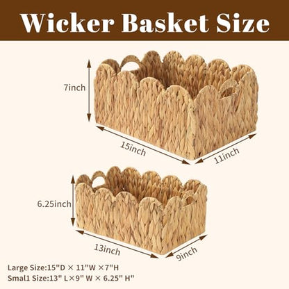 Wicker Storage Baskets with Handles, Woven Organizer, 2-Pack | 2-pack natural wicker baskets with handles in large and small sizes; woven organizers for home, kitchen and nursery storage. - size: 2PC, style: Wave