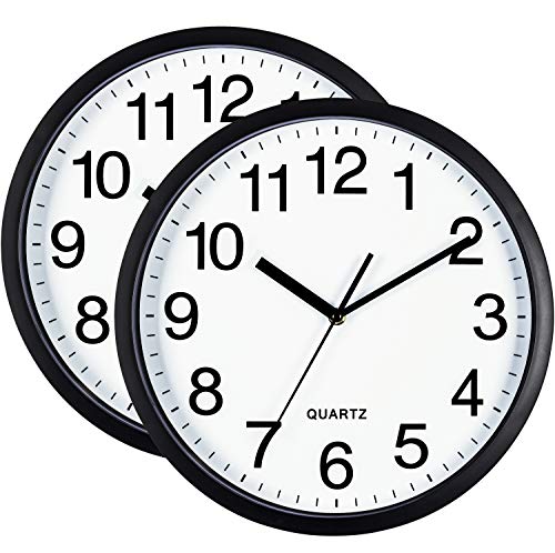 Bernhard Products Black Wall Clock 2 Pack Silent Non Ticking 10 Inch Bold Quality Quartz Battery Operated Round Easy to Read Home/Office/Classroom/School Clocks, Sweep Movement - size: 10 Inch - 2 Clocks