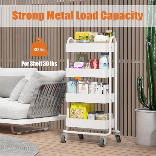 4 Tier Metal Rolling Cart with Wheels,4 Tier Utility Cart with Wheels for Office,Home,Kitchen,Garden（13.4"x18.1"x40"） White - color: White, size: 40"H