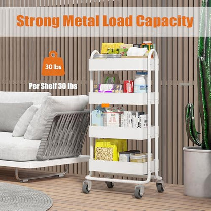4 Tier Metal Rolling Cart with Wheels,4 Tier Utility Cart with Wheels for Office,Home,Kitchen,Garden（13.4"x18.1"x40"） White - color: White, size: 40"H