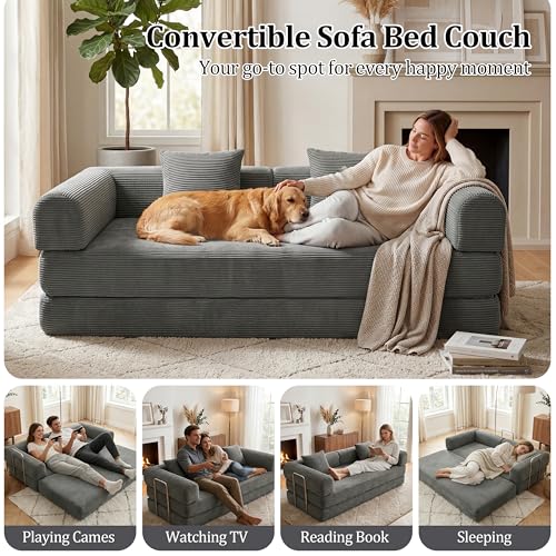 79" Boneless Couch,4-in-1 Futon Sofa Bed Modular Loveseat Sleeper Folding Compressed Couch with Pillows,No Assembly Required Convertible Sofa Bed for Living Room Bedroom Guest Room,Grey - color: Grey, size: 79” Sofa