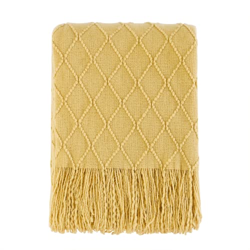 BOURINA Mustard Throw Blanket 50x60 Inch Boho Knit Soft Throw Sofa Blanket | Knitted Throw Blanket 50x60 Inches, Soft Lightweight Boho Weave Throw Decorative Couch Blanket for Living Room Bedroom Chair - color: Mustard, size: 50"x60"