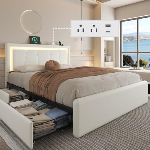 Full Size Bed Frame with 4 Storage Drawers, Upholstered Headboard, White | Modern Bed, Charging Station, LED Light, Adjustable Height Headboard, Noise-Free, No Box Spring Needed, Easy Assembly - color: White, size: Full